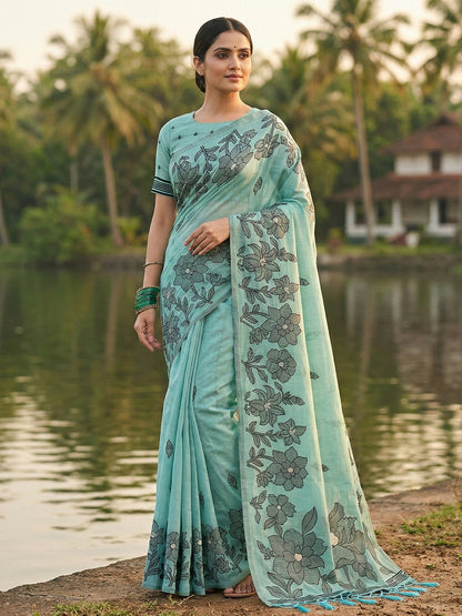 Sutriti aqua blue tissue silk botanical floral print wedding saree botanical print collection