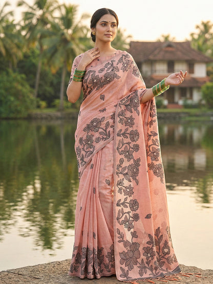 Sutriti peach pink tissue silk botanical floral print wedding saree botanical print collection