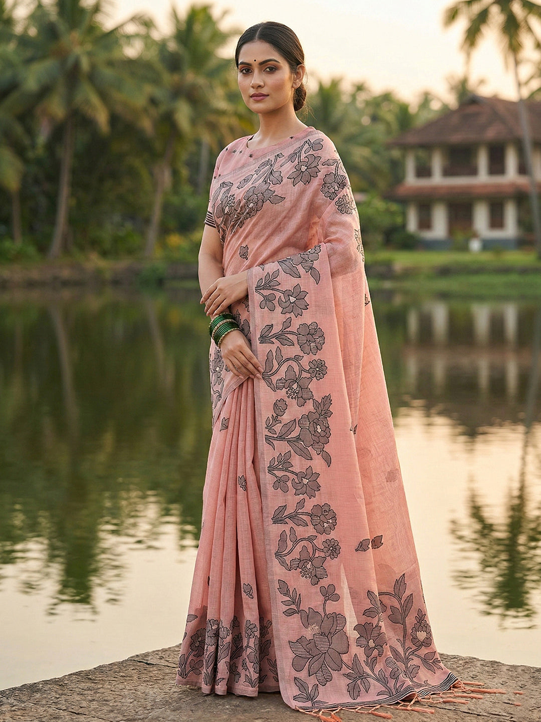 Sutriti peach pink tissue silk botanical floral print wedding saree botanical print collection