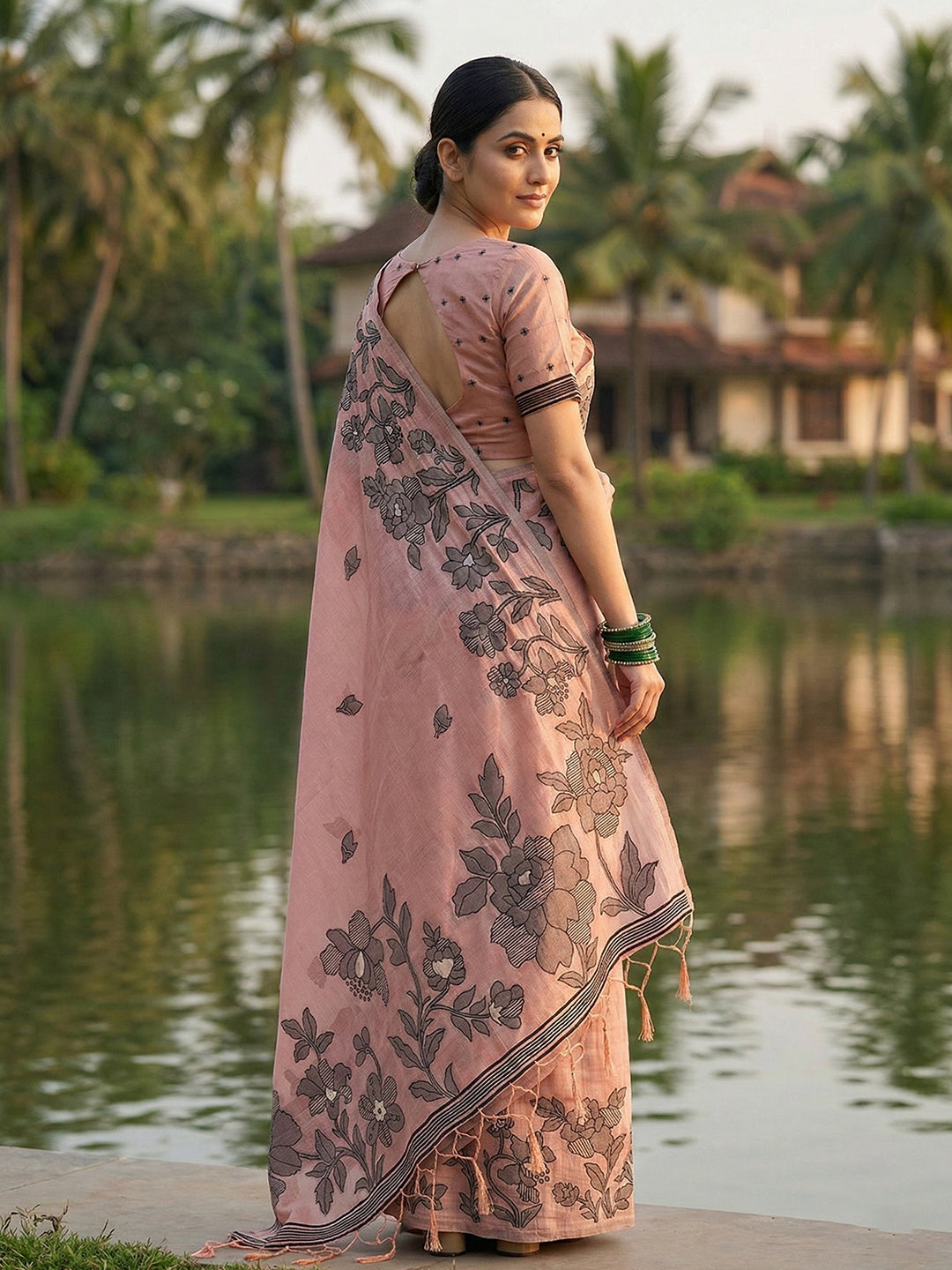 Sutriti peach pink tissue silk botanical floral print wedding saree botanical print collection