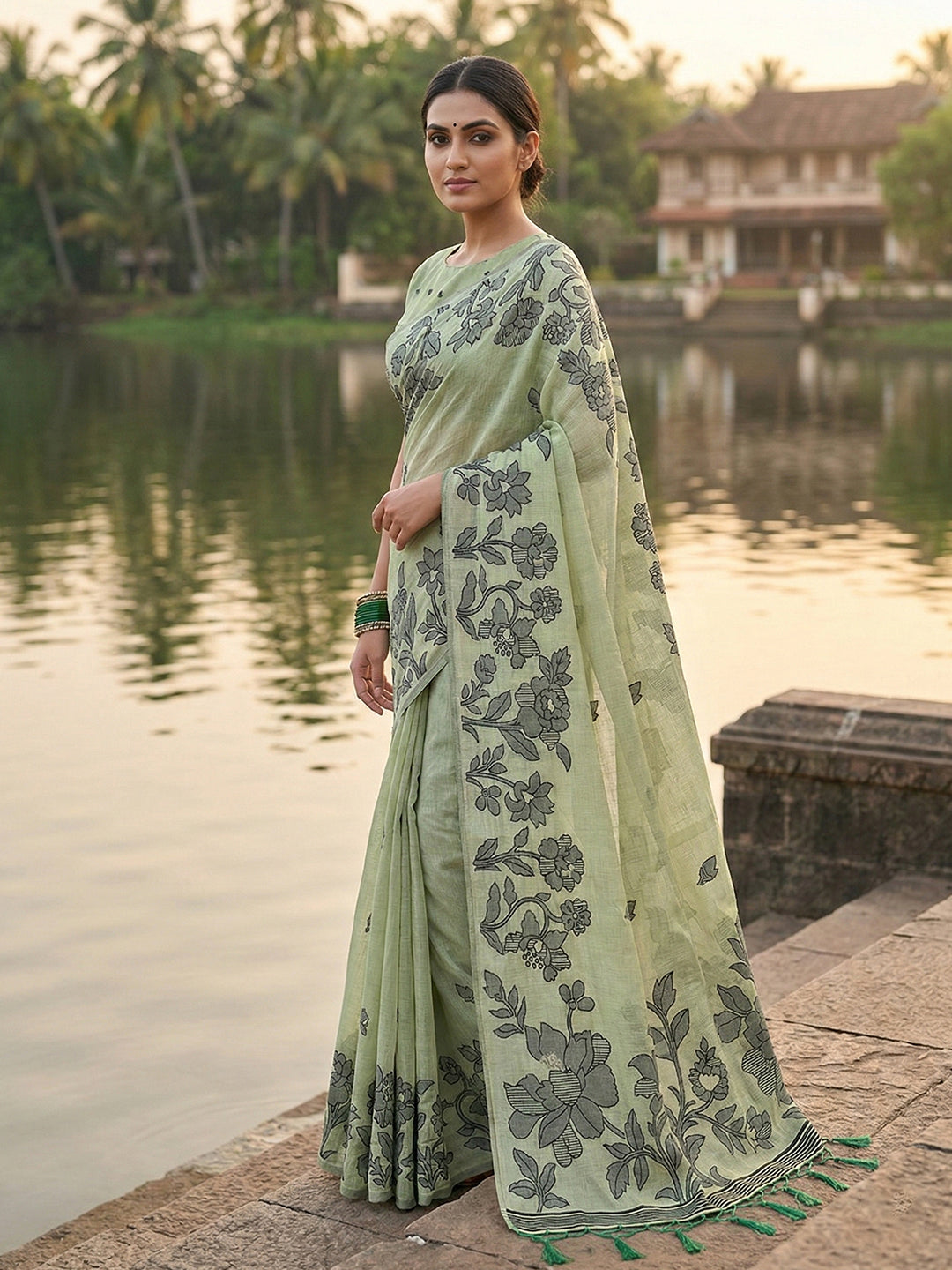 SUTRITI Mint Green Floral Printed Saree for Women | Soft Lightweight Day-to-Night Saree | Elegant Border & Pallu Floral Design | Includes Unstitched Blouse Piece