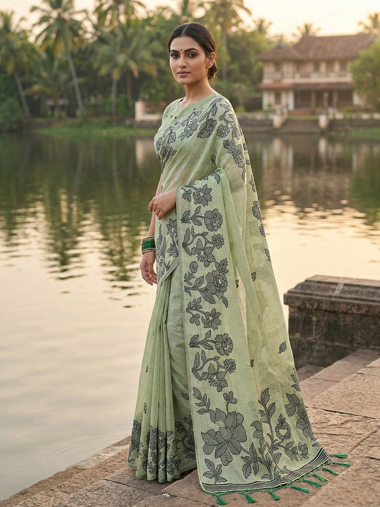 SUTRITI Mint Green Floral Printed Saree for Women | Soft Lightweight Day-to-Night Saree | Elegant Border & Pallu Floral Design | Includes Unstitched Blouse Piece