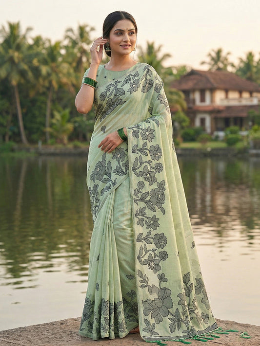 SUTRITI Mint Green Floral Printed Saree for Women | Soft Lightweight Day-to-Night Saree | Elegant Border & Pallu Floral Design | Includes Unstitched Blouse Piece