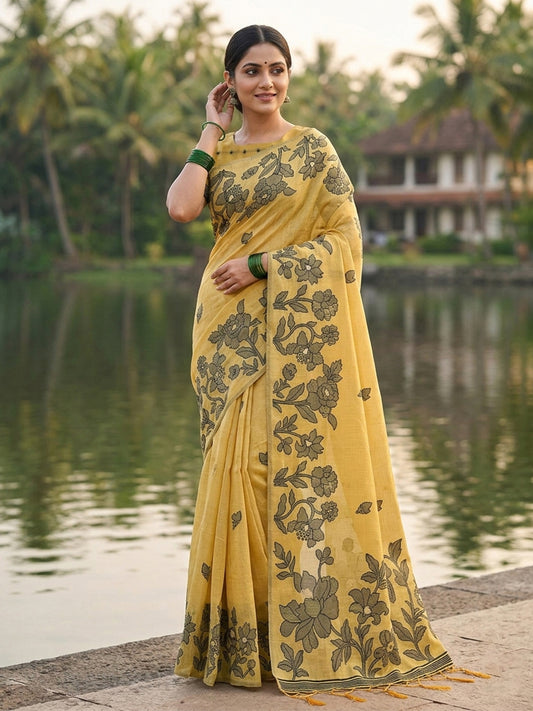 SUTRITI Yellow Floral Printed Saree for Women | Soft Lightweight Day-to-Night Saree | Elegant Border & Pallu Floral Design | Includes Unstitched Blouse Piece