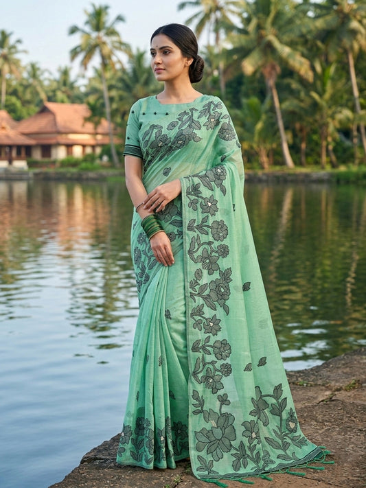 SUTRITI Sea Green Floral Printed Saree for Women | Soft Lightweight Day-to-Night Saree | Elegant Border & Pallu Floral Design | Includes Unstitched Blouse Piece