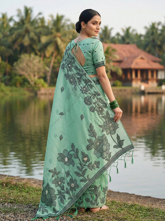SUTRITI Sea Green Floral Printed Saree for Women | Soft Lightweight Day-to-Night Saree | Elegant Border & Pallu Floral Design | Includes Unstitched Blouse Piece