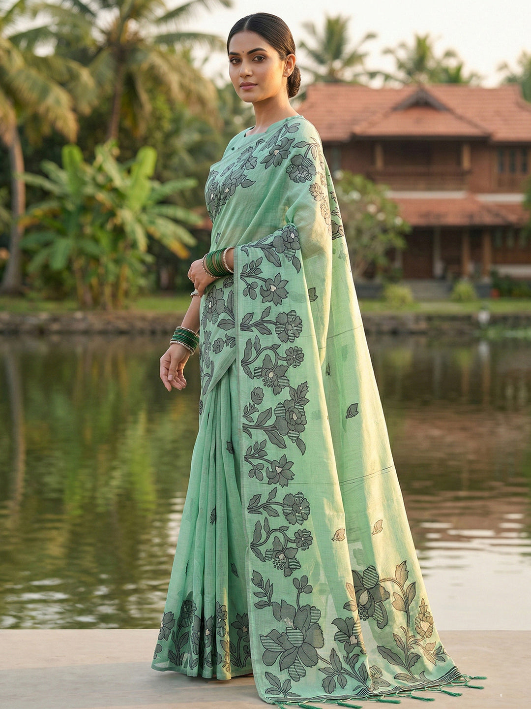 SUTRITI Sea Green Floral Printed Saree for Women | Soft Lightweight Day-to-Night Saree | Elegant Border & Pallu Floral Design | Includes Unstitched Blouse Piece