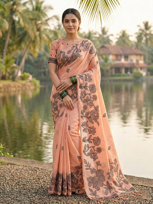 SUTRITI Peach Floral Printed Saree for Women | Soft Lightweight Day-to-Night Saree | Elegant Border & Pallu Floral Design | Includes Unstitched Blouse Piece
