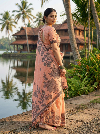SUTRITI Peach Floral Printed Saree for Women | Soft Lightweight Day-to-Night Saree | Elegant Border & Pallu Floral Design | Includes Unstitched Blouse Piece