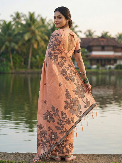 SUTRITI Peach Floral Printed Saree for Women | Soft Lightweight Day-to-Night Saree | Elegant Border & Pallu Floral Design | Includes Unstitched Blouse Piece