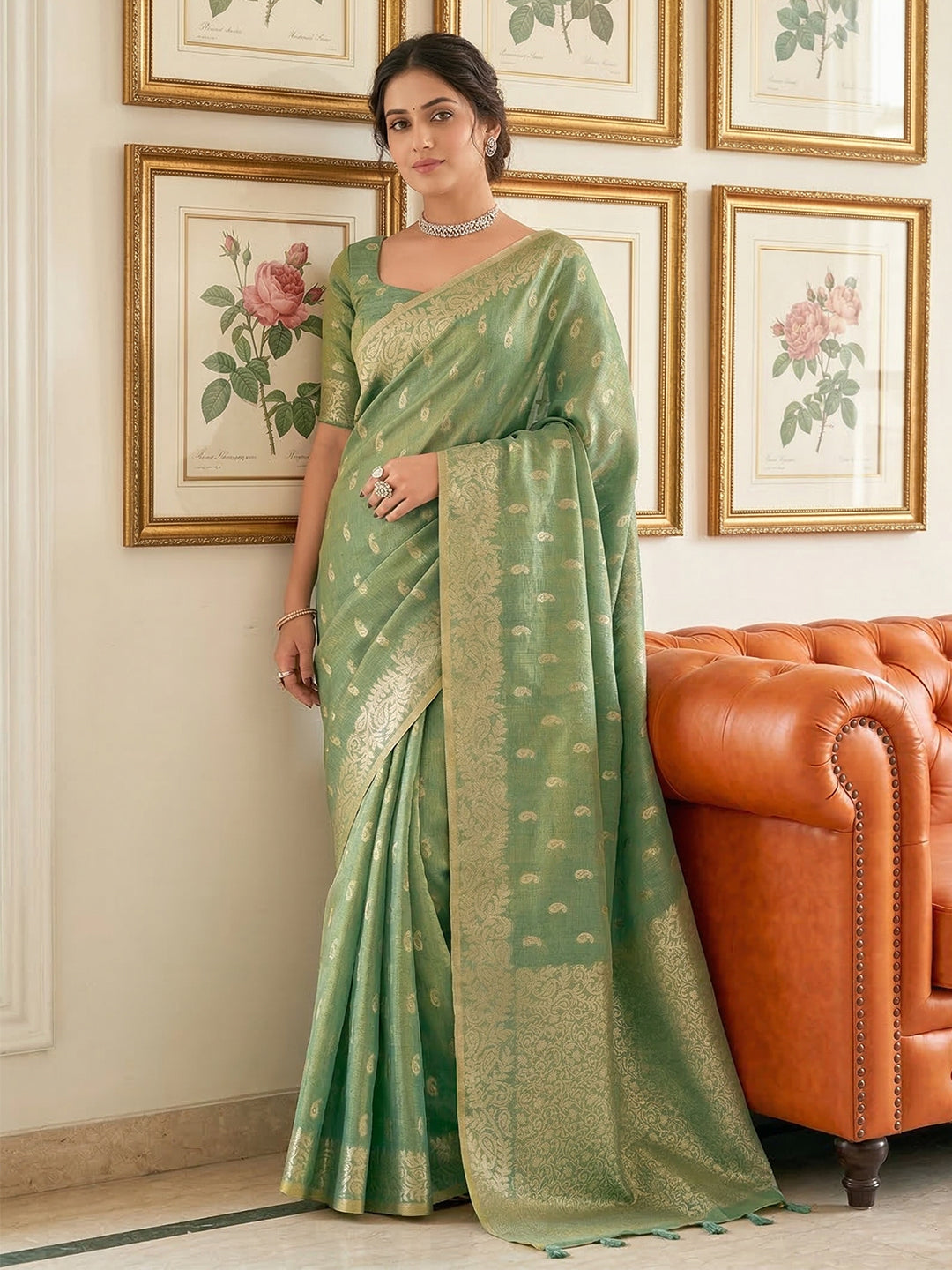 Sutriti Mehendi Green Tissue Silk Saree for Women Festive Wedding PSofty Ethnic Wear