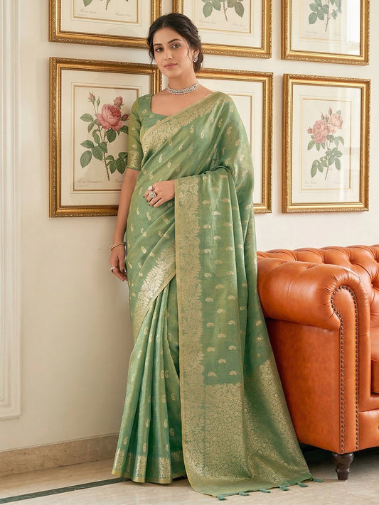 Sutriti Mehendi Green Tissue Silk Saree for Women Festive Wedding PSofty Ethnic Wear