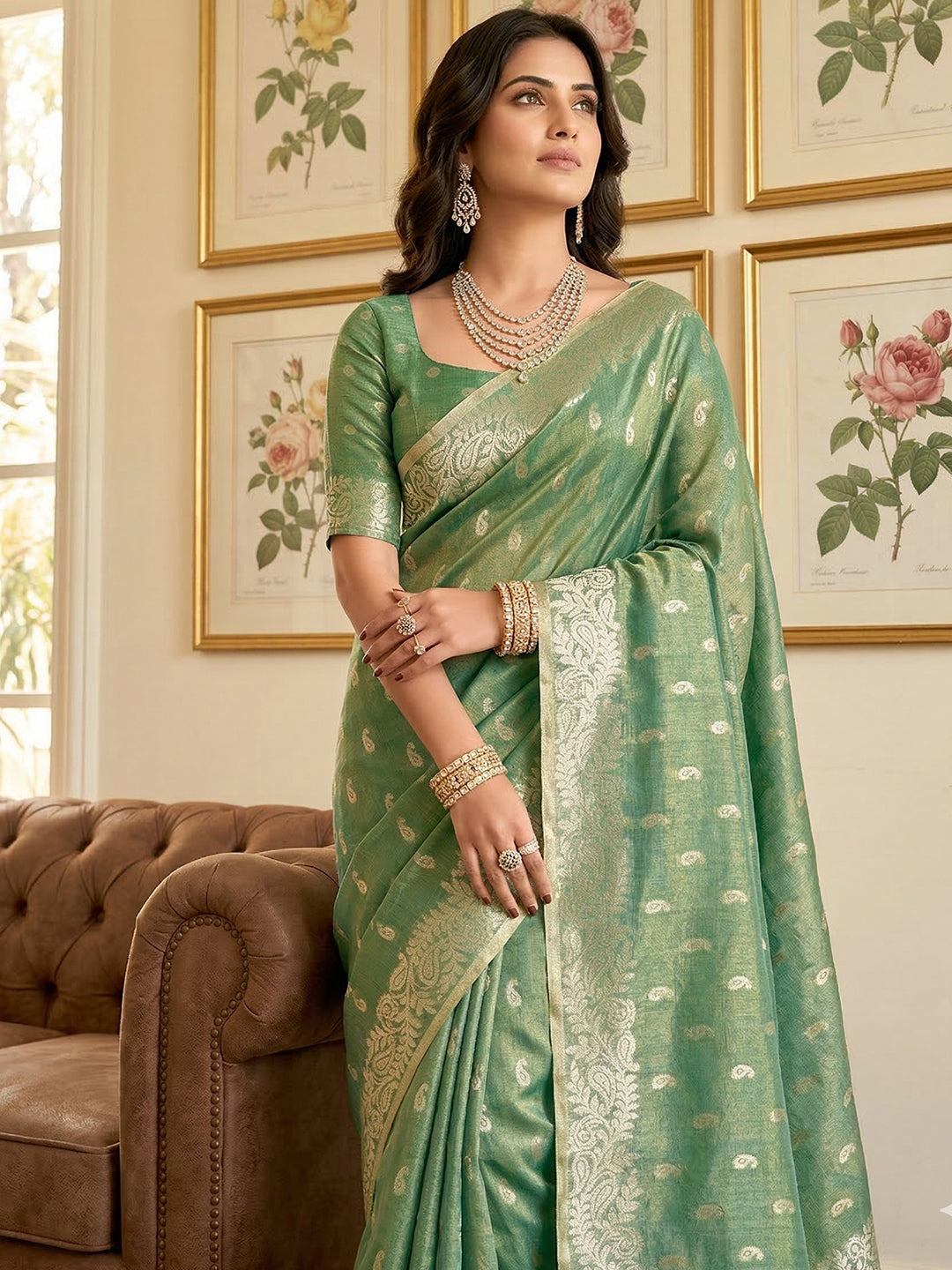 Sutriti Mehendi Green Tissue Silk Saree for Women Festive Wedding PSofty Ethnic Wear