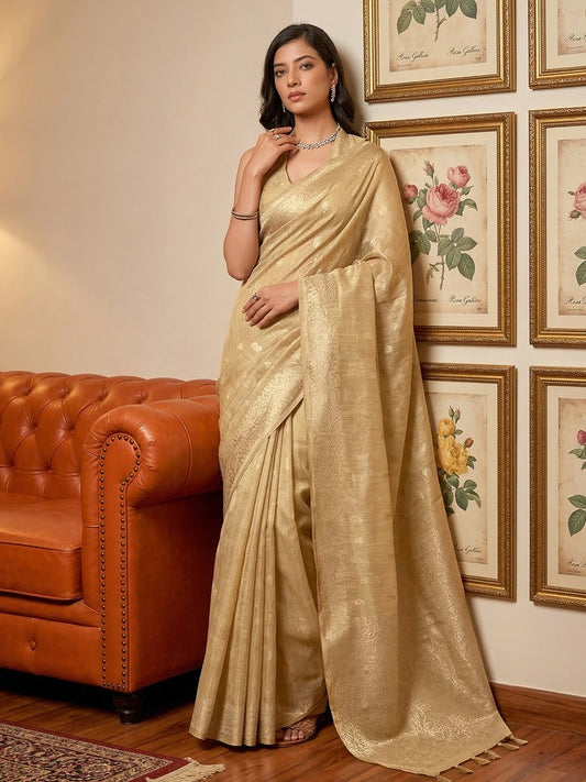 Sutriti Beige Gold Tissue Silk Saree for Women Wedding Festive PSofty Ethnic Wear