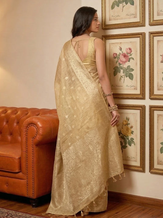 Sutriti Beige Gold Tissue Silk Saree for Women Wedding Festive PSofty Ethnic Wear