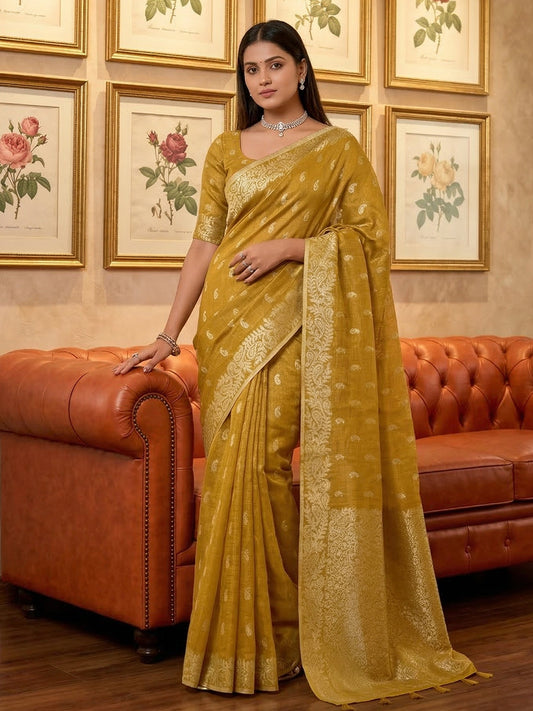 Sutriti Mustard Tissue Silk Saree for Women Festive Wedding PSofty Ethnic Wear
