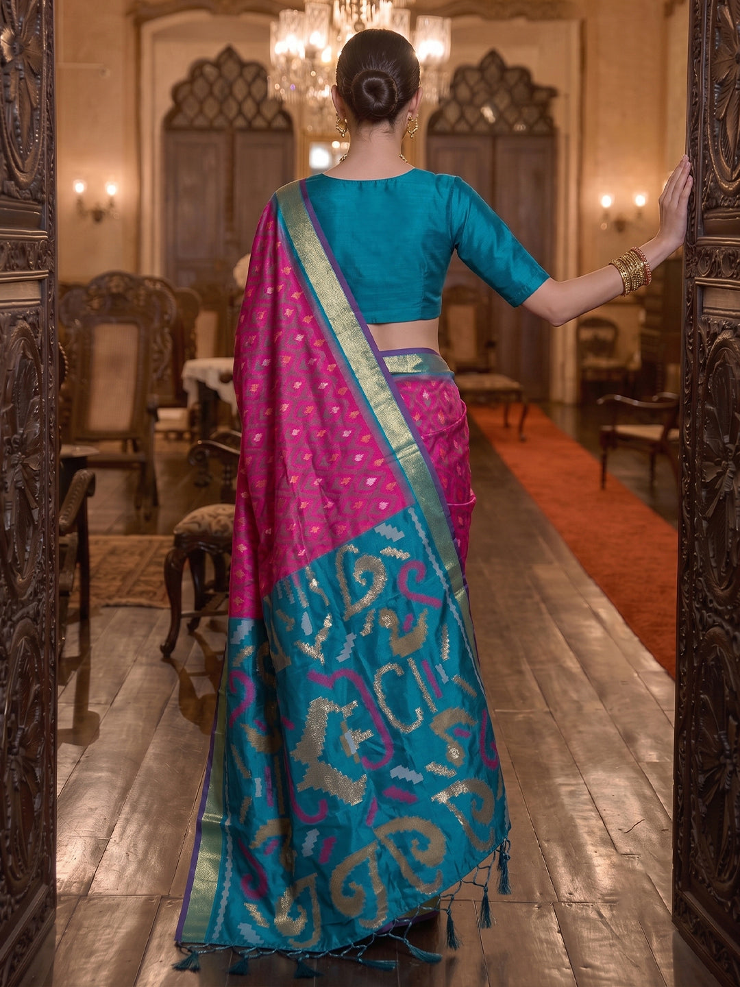 Sutriti Rani Pink Pochampally Silk Saree for Women Festive Party Wedding Ikat Saree