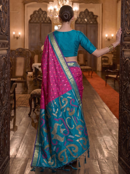 Sutriti Rani Pink Pochampally Silk Saree for Women Festive Party Wedding Ikat Saree