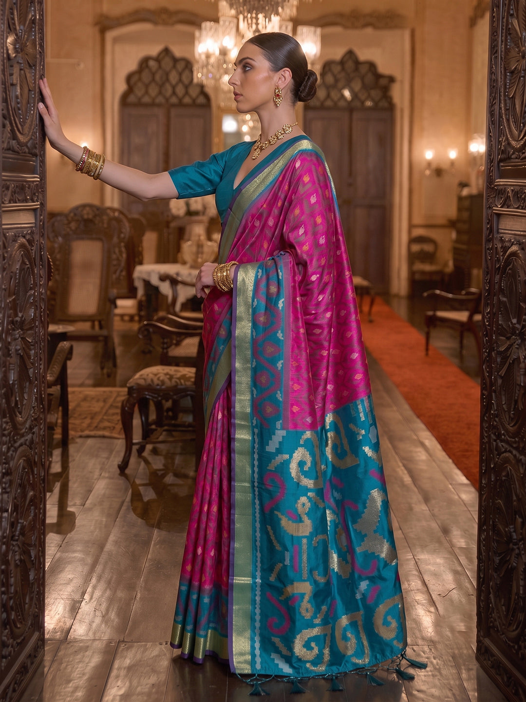 Sutriti Rani Pink Pochampally Silk Saree for Women Festive Party Wedding Ikat Saree