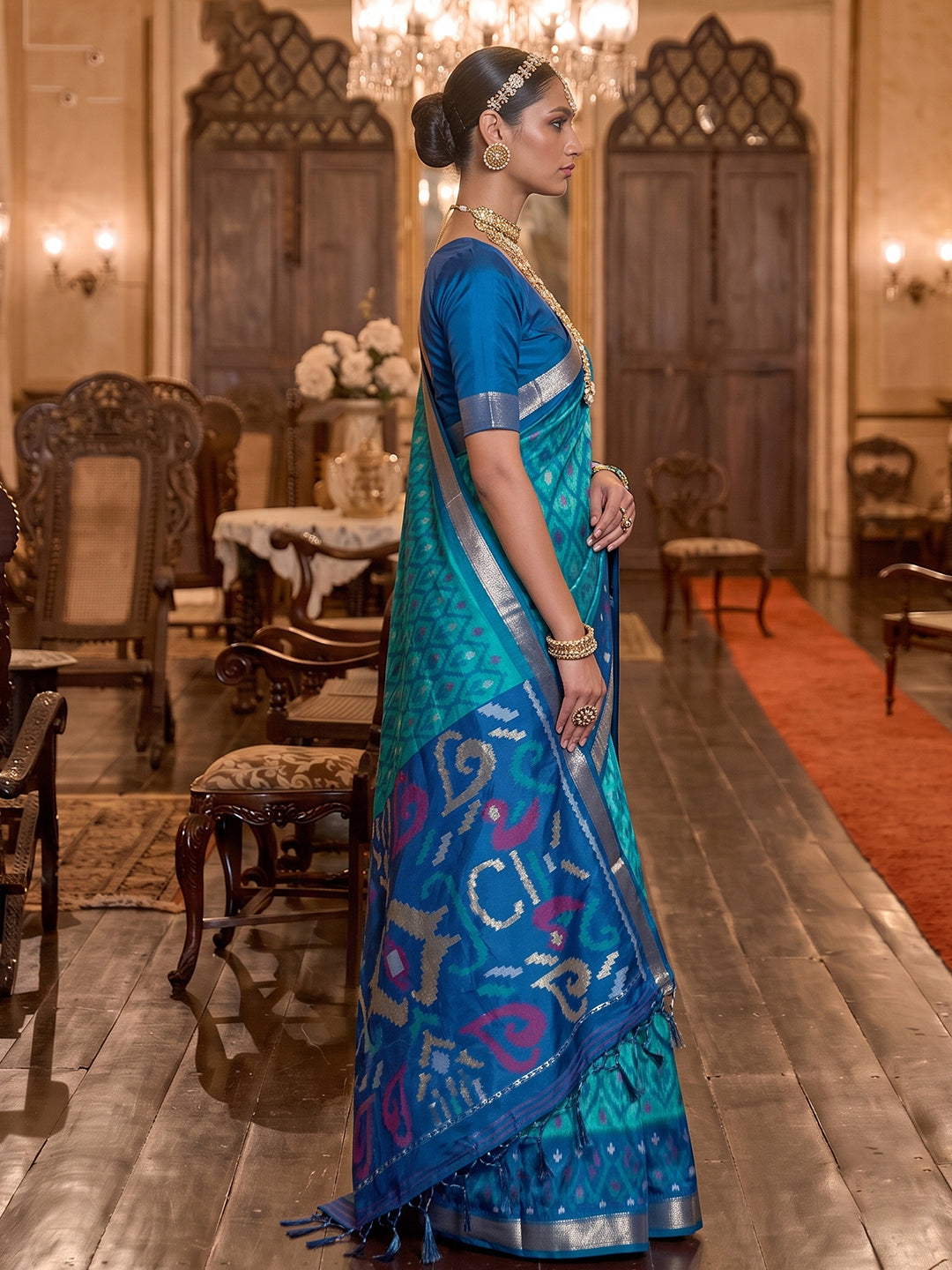 Sutriti Sky Blue Pochampally Silk Saree for Women Festive Party Wedding Ikat Saree