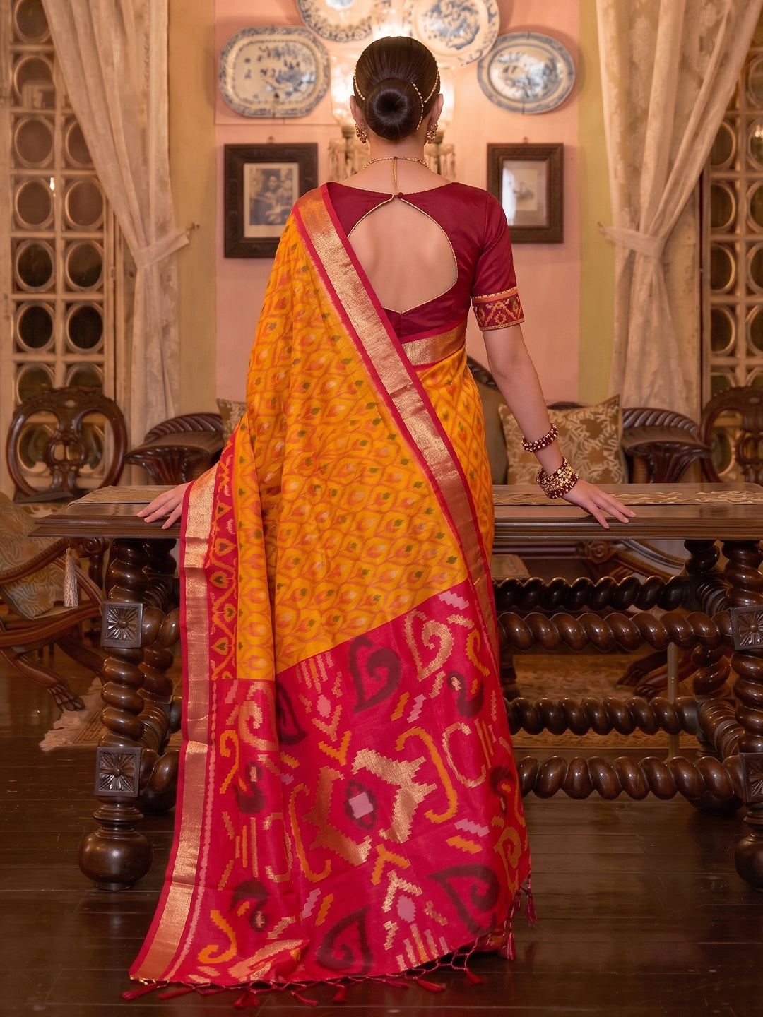 Sutriti Mustard Pochampally Silk Saree for Women Festive Party Wedding Ikat Saree