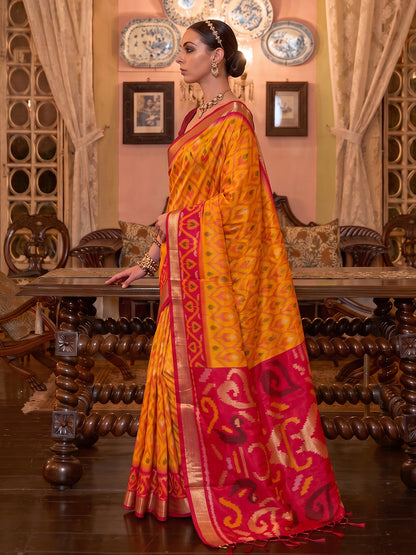 Sutriti Mustard Pochampally Silk Saree for Women Festive Party Wedding Ikat Saree