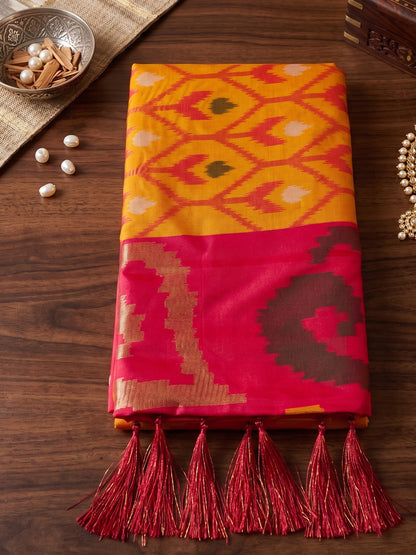 Sutriti Mustard Pochampally Silk Saree for Women Festive Party Wedding Ikat Saree