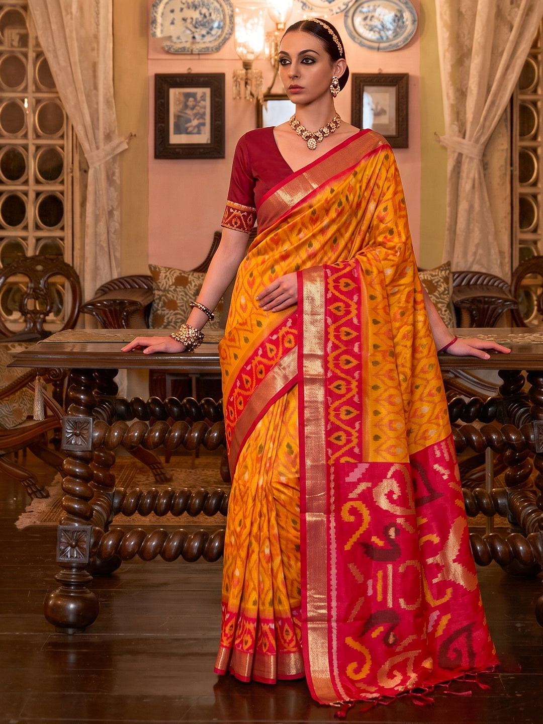 Sutriti Mustard Pochampally Silk Saree for Women Festive Party Wedding Ikat Saree