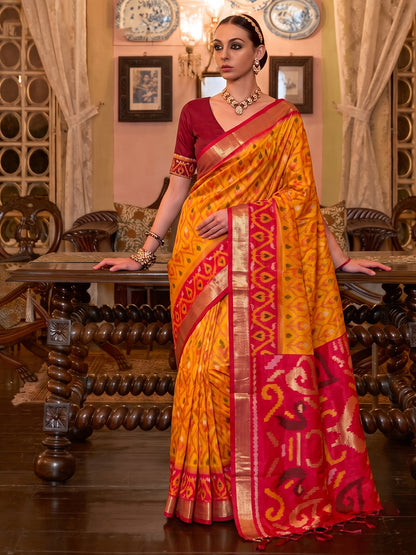 Sutriti Mustard Pochampally Silk Saree for Women Festive Party Wedding Ikat Saree