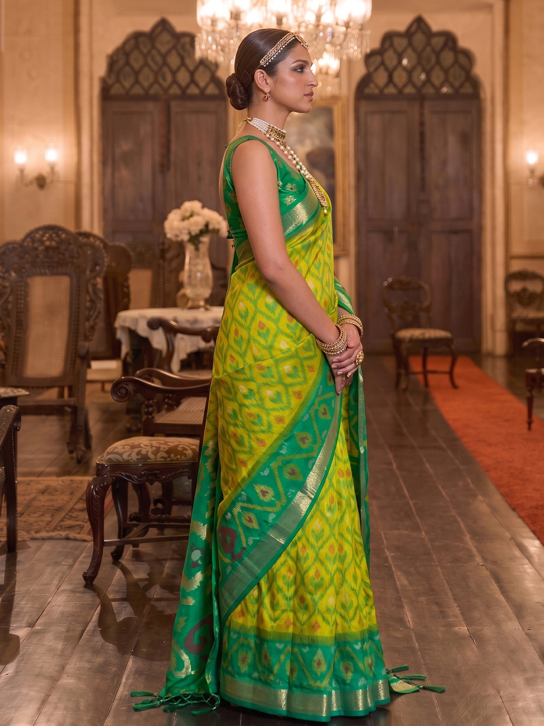Sutriti Mehendi Green Pochampally Silk Saree for Women Festive Party Wedding Ikat Saree
