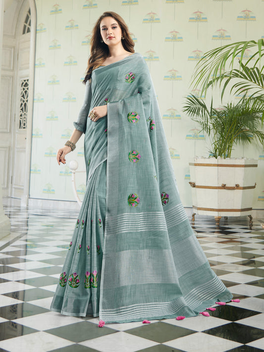 Sutriti Women Sea Green Linen Saree with Floral Embroidery Border & Tassels