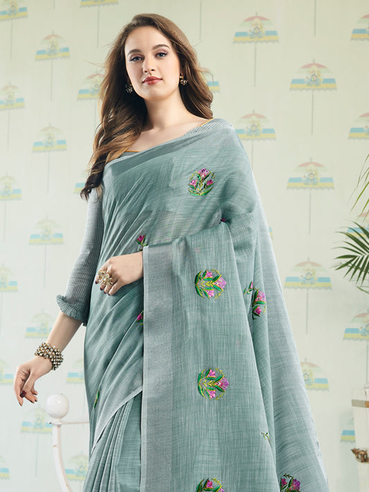 Sutriti Women Sea Green Linen Saree with Floral Embroidery Border & Tassels