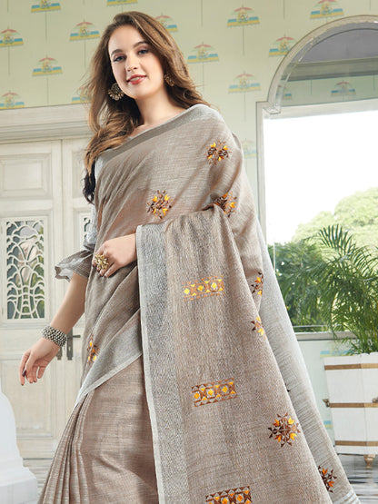 Sutriti Women Brown Linen Saree with Floral Embroidery Border & Tassels