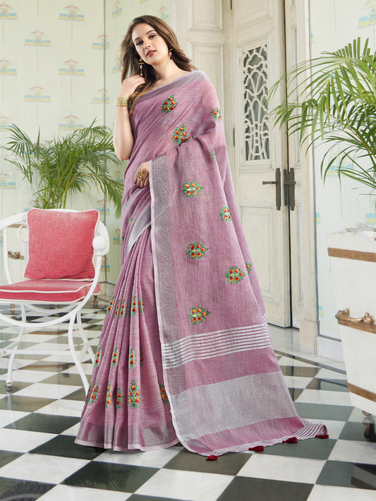 Sutriti Women Blue Linen Saree with Floral Embroidery Border & Tassels