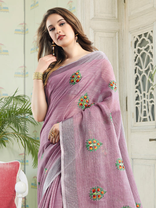 Sutriti Women Blue Linen Saree with Floral Embroidery Border & Tassels