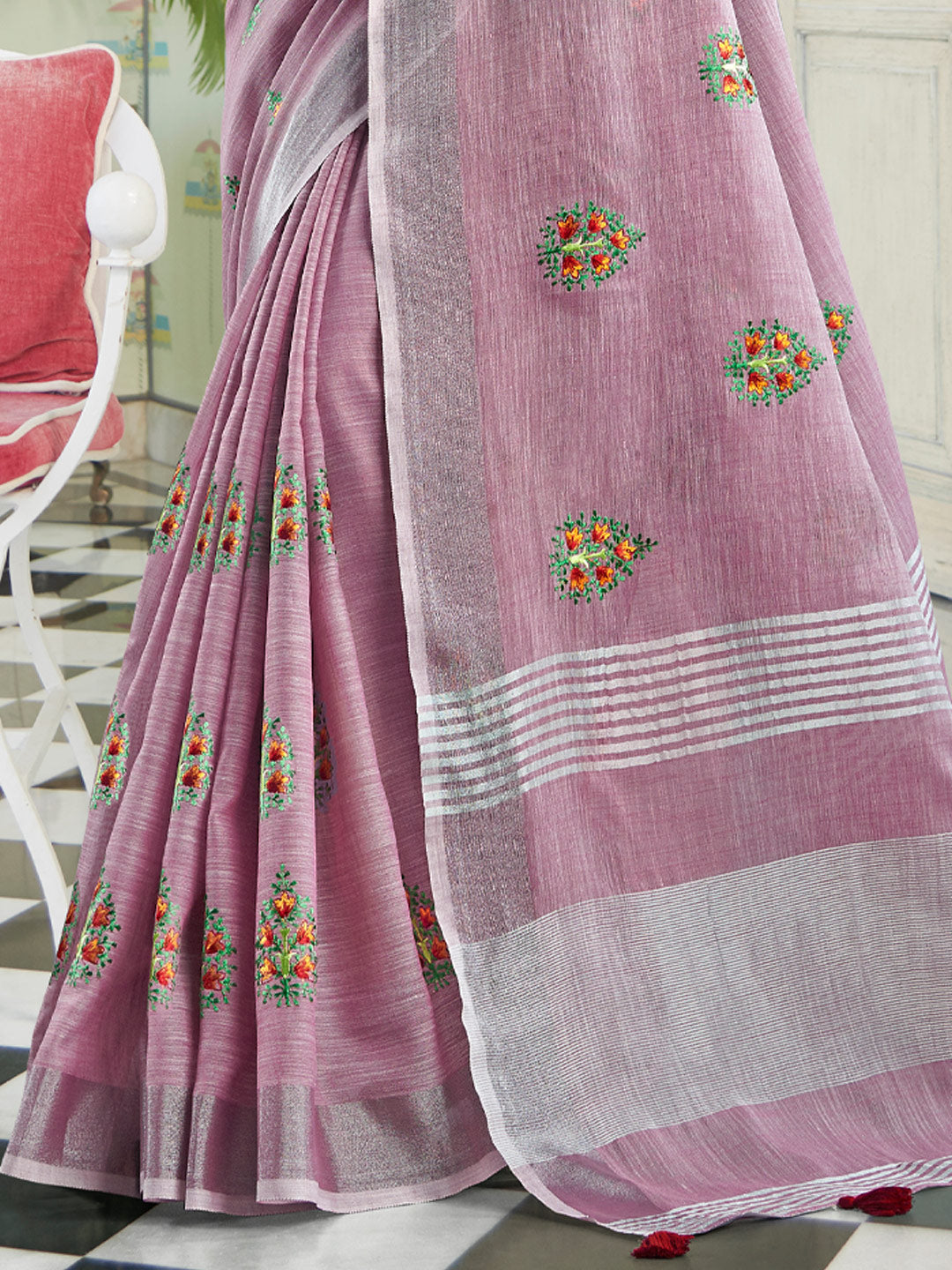 Sutriti Women Blue Linen Saree with Floral Embroidery Border & Tassels