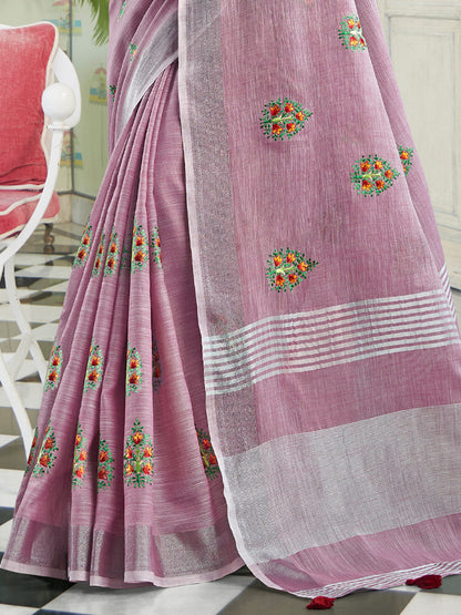 Sutriti Women Blue Linen Saree with Floral Embroidery Border & Tassels
