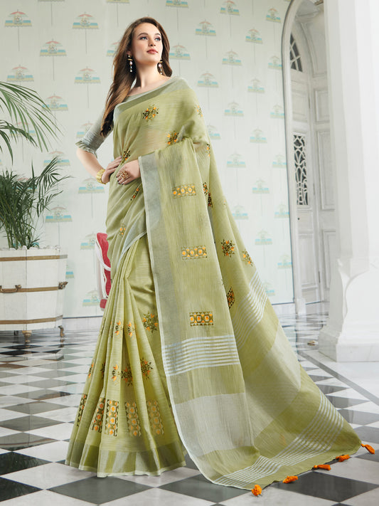 Sutriti Women Light Green Linen Saree with Floral Embroidery Border & Tassels
