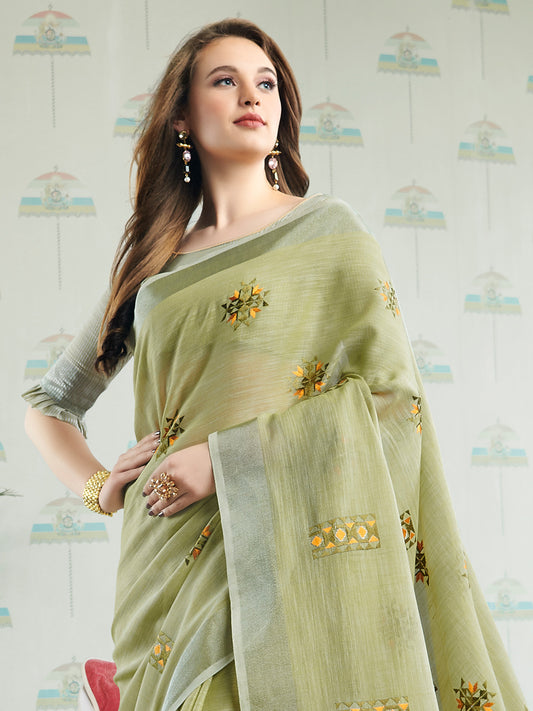 Sutriti Women Light Green Linen Saree with Floral Embroidery Border & Tassels