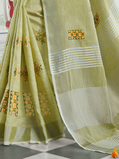 Sutriti Women Light Green Linen Saree with Floral Embroidery Border & Tassels