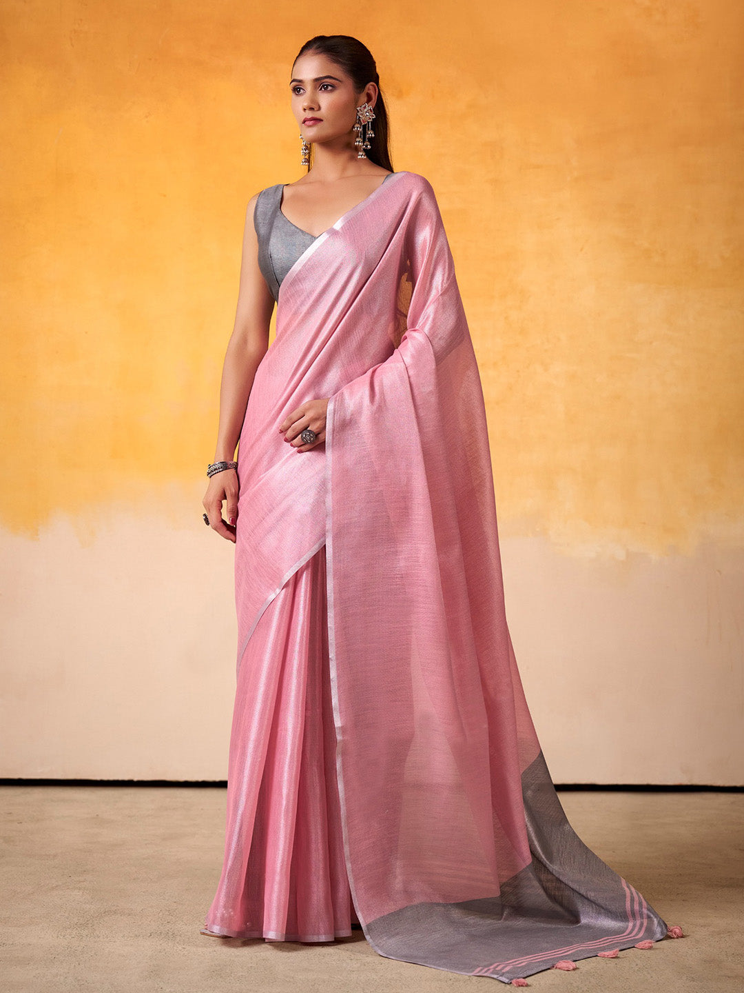 Sutriti Women Pink & Silver-Toned Solid Tissue Linen Saree with Zari Border