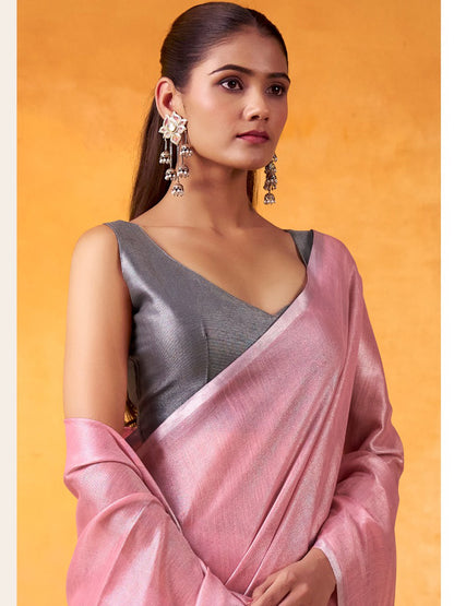 Sutriti Women Pink & Silver-Toned Solid Tissue Linen Saree with Zari Border