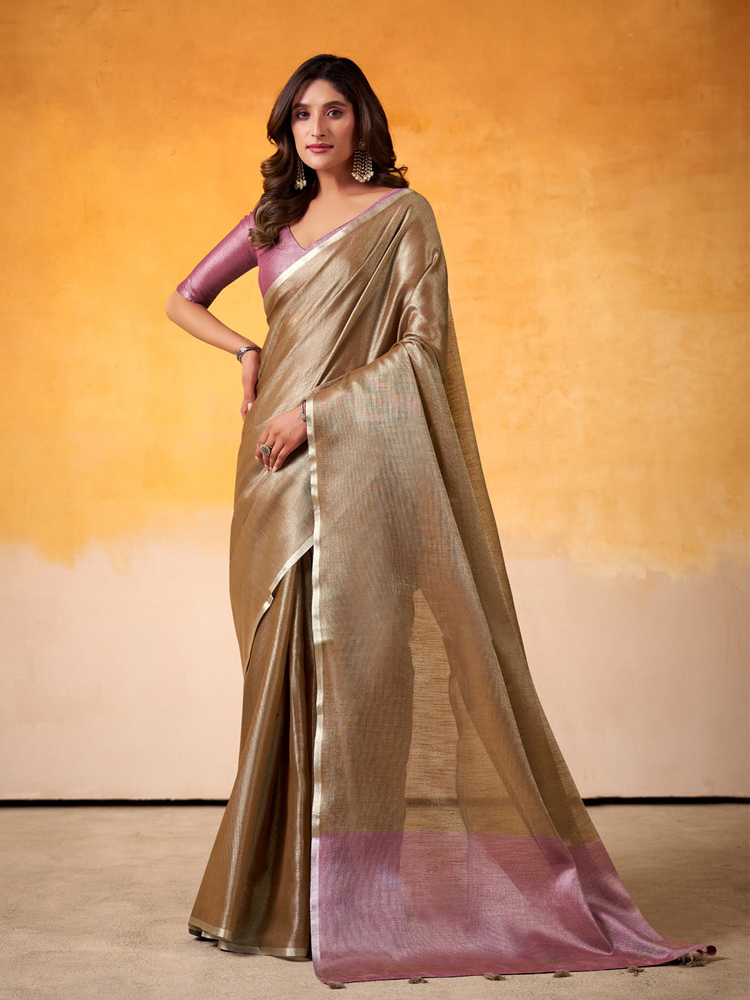 Sutriti bronze taupe & pink tissue silk contrast border wedding saree contrast border collection