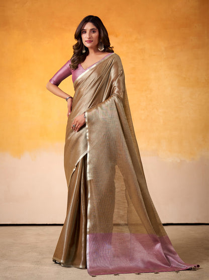 Sutriti bronze taupe & pink tissue silk contrast border wedding saree contrast border collection