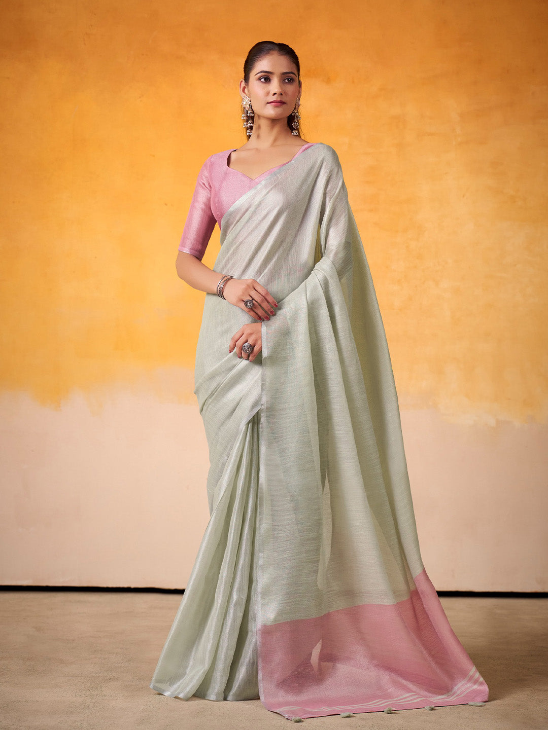 Sutriti Women Mint Green & Pink Solid Tissue Linen Saree with Zari Border