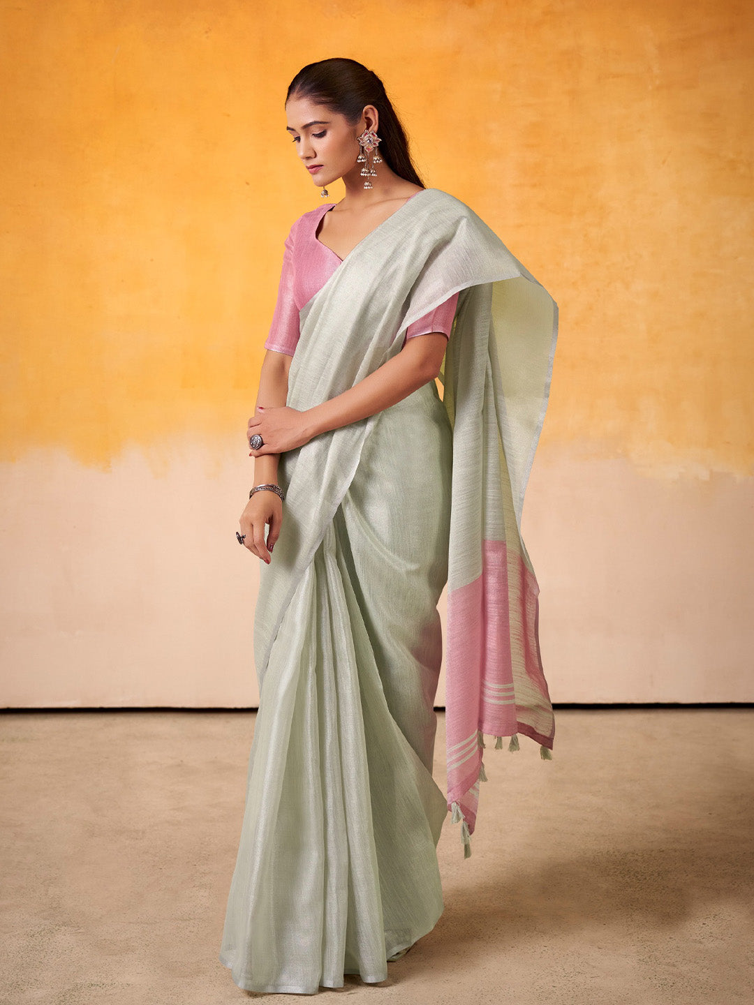 Sutriti Women Mint Green & Pink Solid Tissue Linen Saree with Zari Border