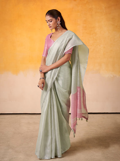 Sutriti Women Mint Green & Pink Solid Tissue Linen Saree with Zari Border
