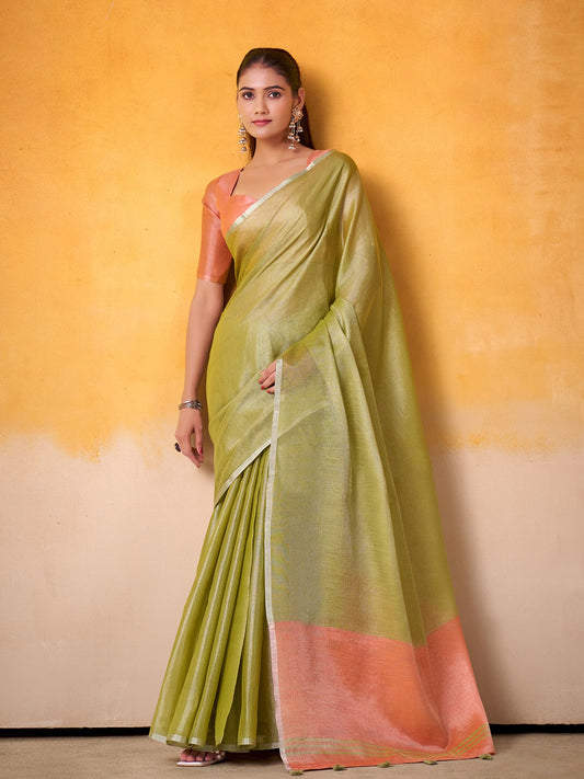 Sutriti Women Lime Green & Peach-Coloured Solid Tissue Linen Saree with Zari Border