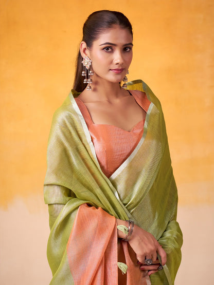 Sutriti Women Lime Green & Peach-Coloured Solid Tissue Linen Saree with Zari Border