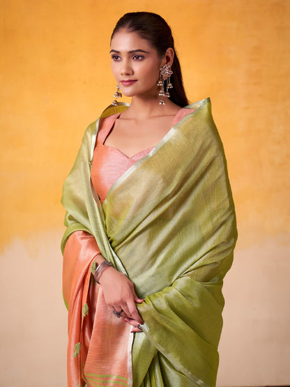 Sutriti Women Lime Green & Peach-Coloured Solid Tissue Linen Saree with Zari Border